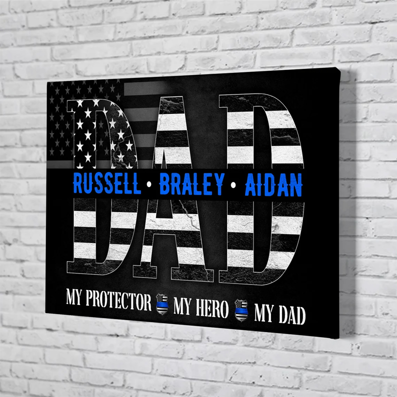 Custom Name Policeamerican Flag Canvas Printslaw Enforcement Poster Wall Artgift For Fatherfathers Day Gift